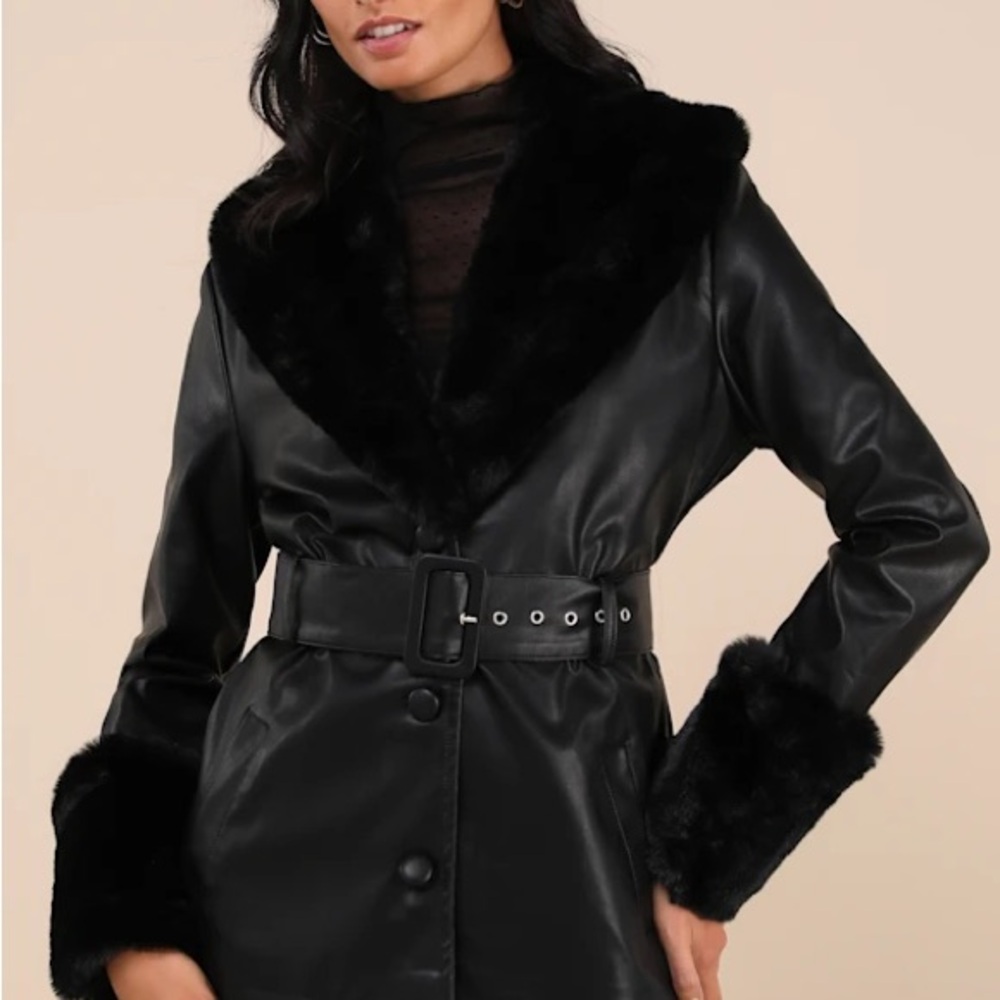 Lioness Brooklyn faux fur trim trench coat with belt